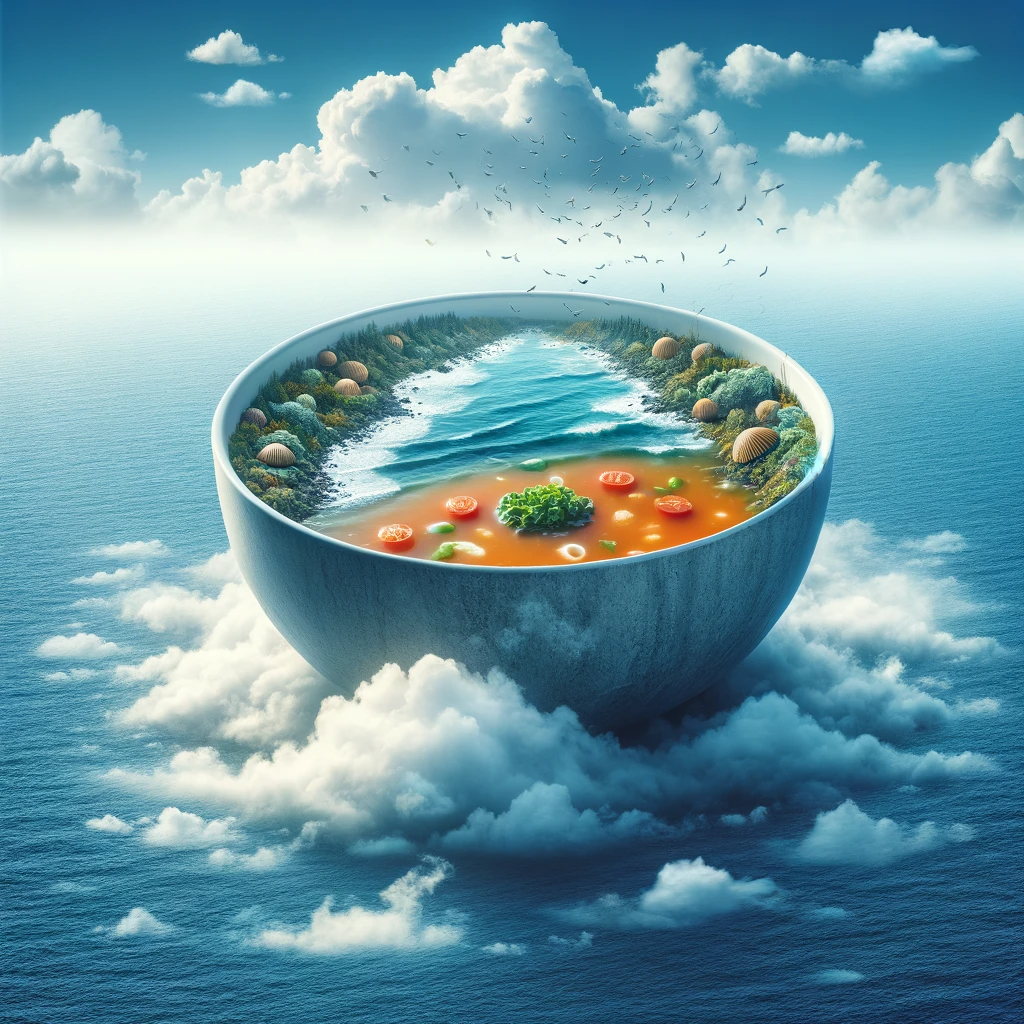 DALL·E 2023-11-18 19.24.48 - A surreal image where the ocean transforms into a bowl of soup. The scene creatively merges the vastness of the sea with the comforting appearance of .png